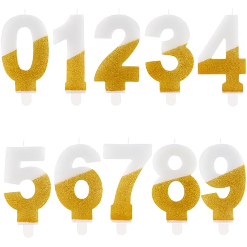 Hongplus White Gold Glitter Number 10 Birthday Candles Cake Topper