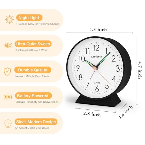 4.5 Inch Black Silent Analog Alarm Clock with Night Light
