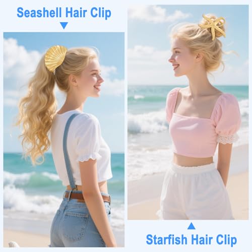 Zkptops Gold Metal Seashell & Starfish Hair Claw Clips 2-Piece Set