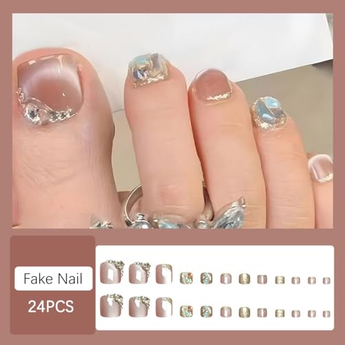 Glitter Press On Toe Nails Short Square Fake Toenails with Rhinestones