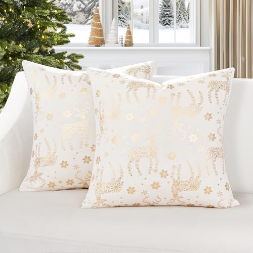 Topfinel Christmas Pillow Covers 16x16 (Set of 2) - Cream Velvet with Snowflakes & Reindeer