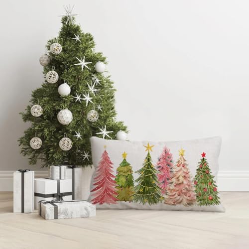 Pink Green Christmas Pillow Cover 12x20 Inch | Watercolor Tree Design