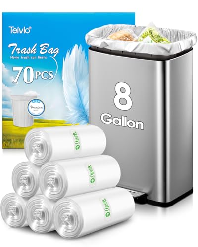Teivio 8 Gallon Clear Trash Bags, Unscented, 70 Count