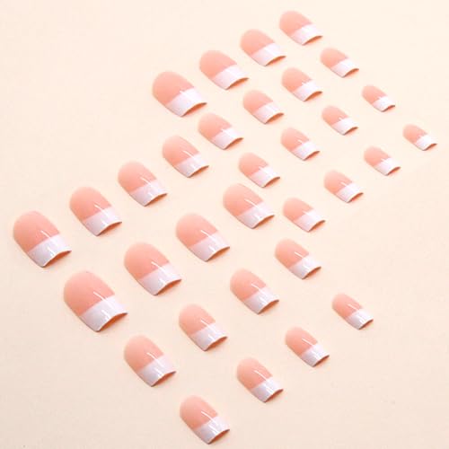 White French Tip Medium Square Press On Nails Glossy Fake Nails 32Pcs