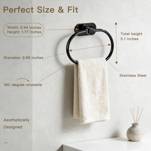 Matte Black Self-Adhesive Towel Ring - Stainless Steel Bathroom Holder
