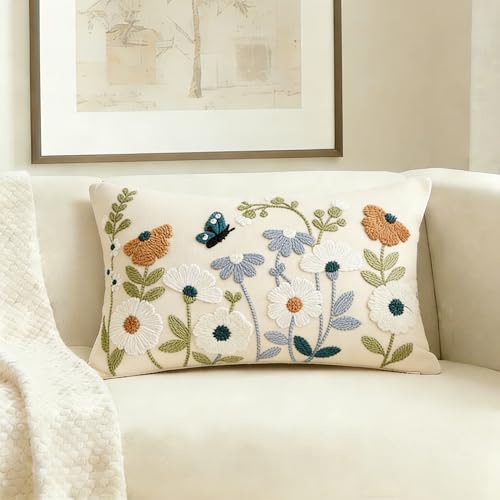 Floral Embroidered Throw Pillow Cover 12x20 Inch - Blue Flowers