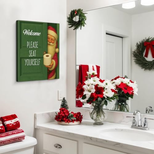 Christmas Bathroom Wall Art Print Vintage Santa Claus Canvas Frame - Seat Yourself 8x10