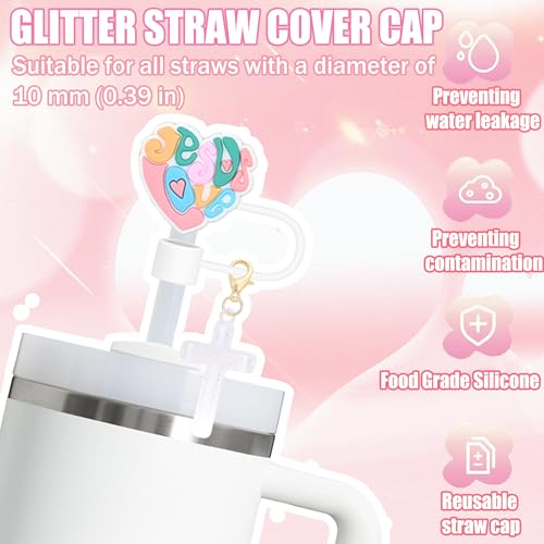 10mm Straw Toppers Set, Pink Jenus Faith Straw Covers Cap with Clip-on Cross Charms for 30oz 40 0z Stanley Tumblers, Cute and Bling Modern Simple Tips Stanley Accessories