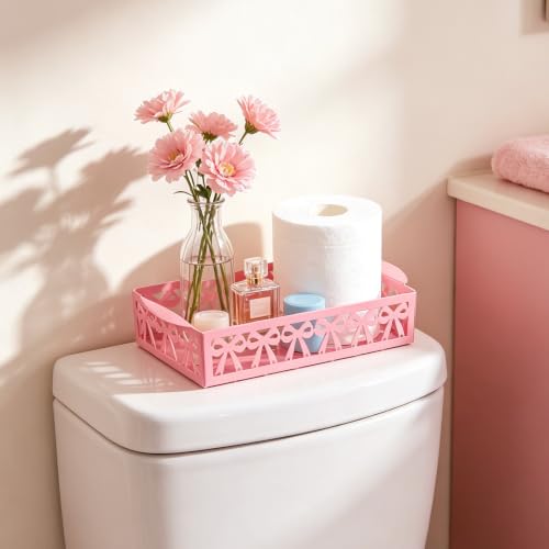 Pink Bow Toilet Paper Holder - Cute Metal Bathroom Storage Basket