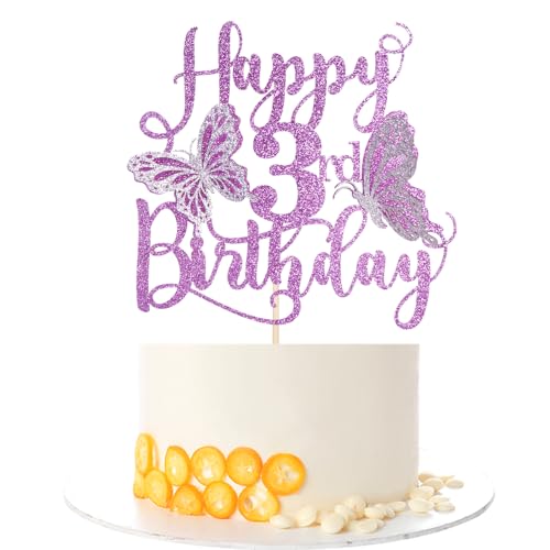 3D Butterfly Cake Topper for 3rd Birthday Party - Purple Glitter