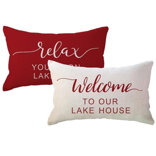 Lake House Lumbar Cushion Covers Set of 2 - Red Decorative Pillowcases 12x20 Inch