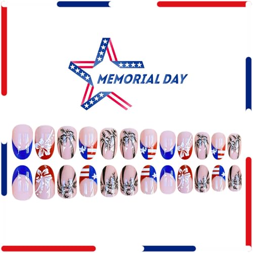 Independence Day Press on Nails Short Almond French Tip Fake Nails