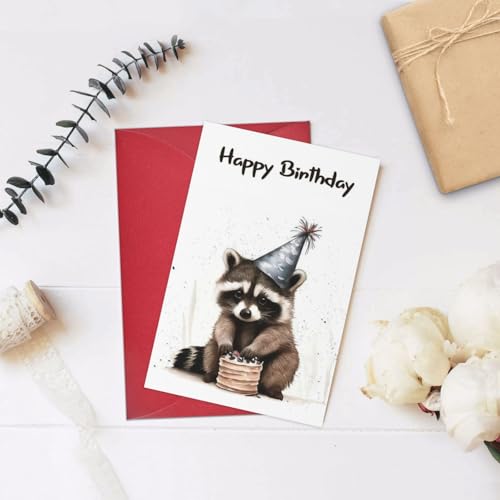 Awsaccy Cute Raccoon Birthday Card with Envelope - Funny Watercolor Party Design