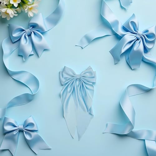 Light Blue Jumbo Silky Satin Hair Bow Clip with Long Tails