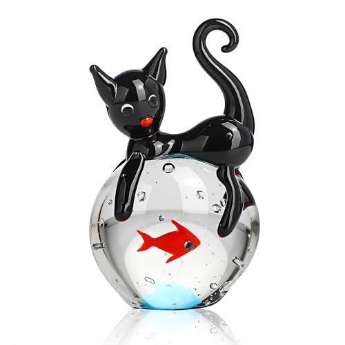 QFkris Hand Blown Glass Black Cat Figurine - Mini Home Decor, 1.6 Inches