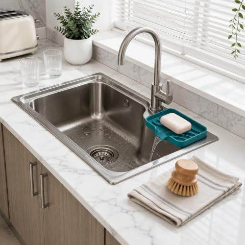 Self Draining Silicone Soap Dish with Drain Spout - Bathroom & Kitchen Sink Organizer
