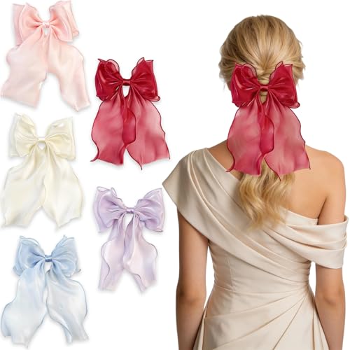 5-Pack Silk Yarn Long Tail Hair Bow Clips French Ribbon Barrette
