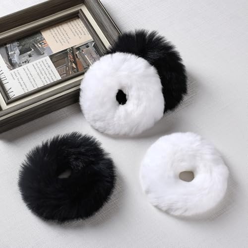 Mirlern 4-Piece Faux Fur Pom Pom Hair Ties - Fluffy Winter Scrunchies
