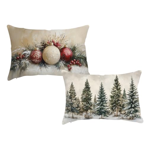 Christmas Lumbar Pillow Covers 12x20 Inch, Set of 2 Winter Holiday Decor