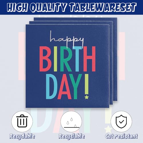 Blue Birthday Party Plates Napkins Set - 40 Pcs Navy Blue Disposable Tableware for Celebrations