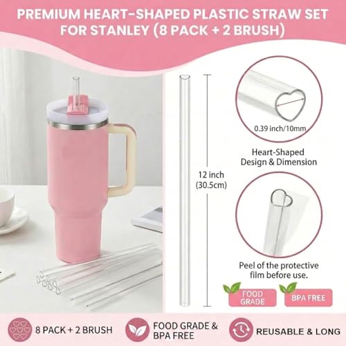 Heart Shaped Straws for Stanley Cup 40 oz Tumbler - 8 Pack Reusable Tritan Straws with Brushes