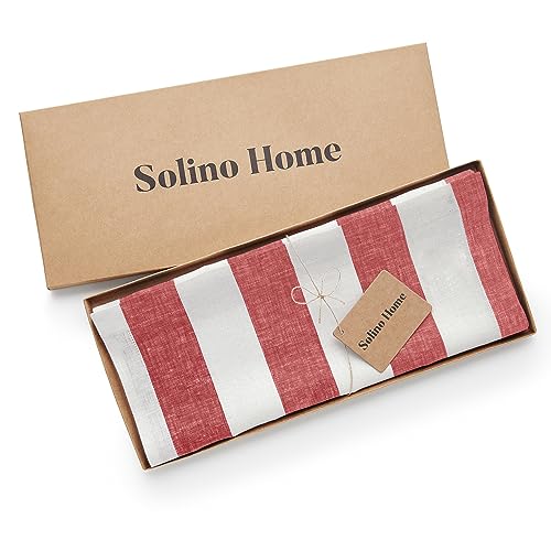 Solino Home 100% Pure Linen Table Runner Red & White Stripe 14 x 60 in - Handmade