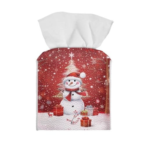 Doginthehole Xmas Snowman Tissue Box Cover - Cute Christmas Home Decor, Square PU Leather Dispenser with Belt Bottom