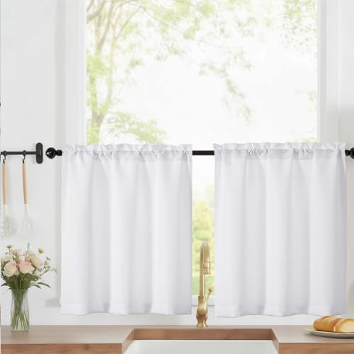 LIVEKID White Faux Linen Short Kitchen Curtains 30"W x 24"L - 2 Panels