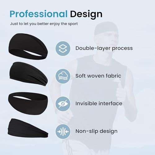 6PCS Moisture Wicking Men's Athletic Headbands - Sweat Head Bands for Sports, Running, Workout, Gym, Cycling, Football, Yoga