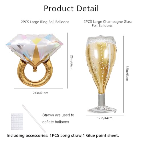Bride Diamond Ring & Champagne Glass Foil Balloons Set - 4PCS