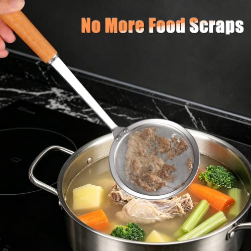 2-Piece Stainless Steel Fine Mesh Skimmer Spoon Set with Wooden Handle