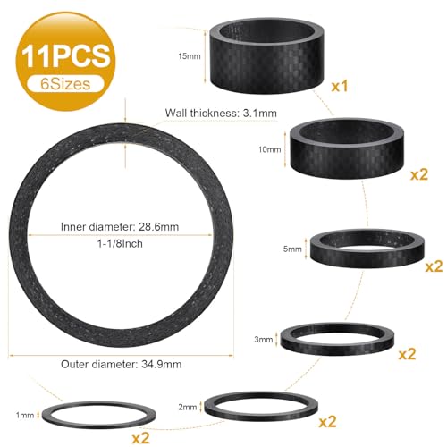 11PCS Bike Carbon Fiber Headset Spacers, Matte Finish, Fits 1-1/8 Inch Stem for MTB, Road Bicycle Handlebar Stems, (15/10/5/3/2/1mm) 6 Sizes