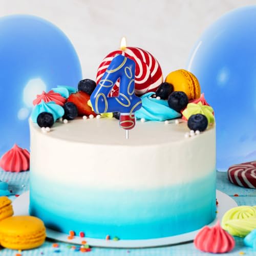 Blue Number 4 Birthday Candle with Gold Ring Print - Party Decor
