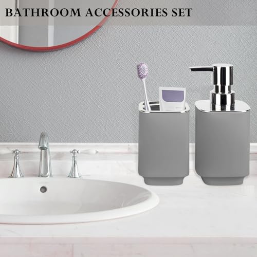 Grey Bathroom Accessories Set - 2 Pcs Soap Dispenser & Toothbrush Holder