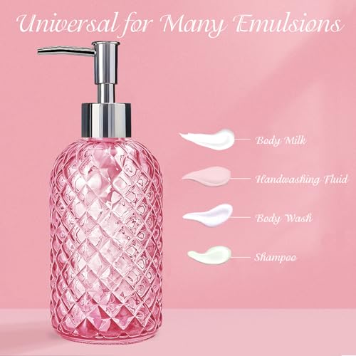 Pink Diamond-Textured Glass Soap Dispenser, 400ml Refillable Lotion Bottle