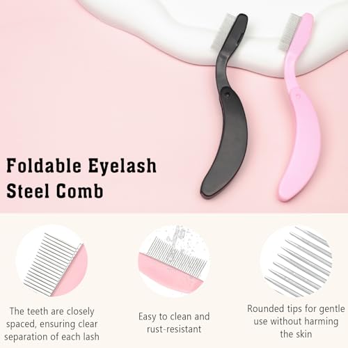 Zoolinn Folding Eyelash Comb Separator Tool - 2 Pack Black & Pink