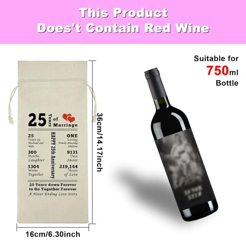 25th Anniversary Wine Bag for Couples - Burlap Drawstring Keepsake