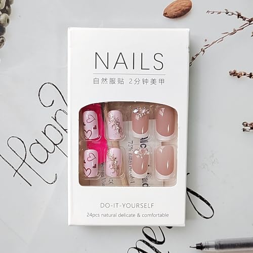 Purple Press on Nails Medium Square Kawaii Fake Nails with Heart Designs
