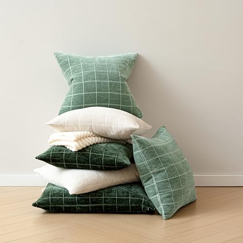 Decorative Chenille Plaid Throw Pillow Cover Moss Green 20x20 Set of 2 - Hidden Zipper