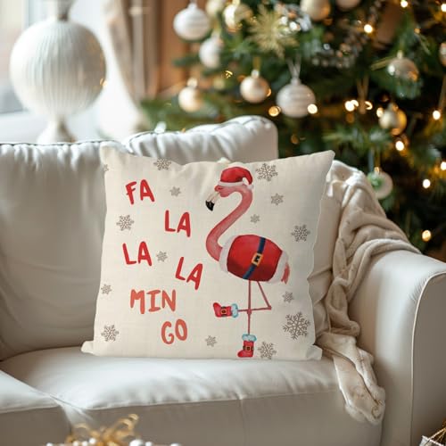 Christmas Flamingo Throw Pillow Cover 18x18, Red Snowflake Xmas Cushion Case