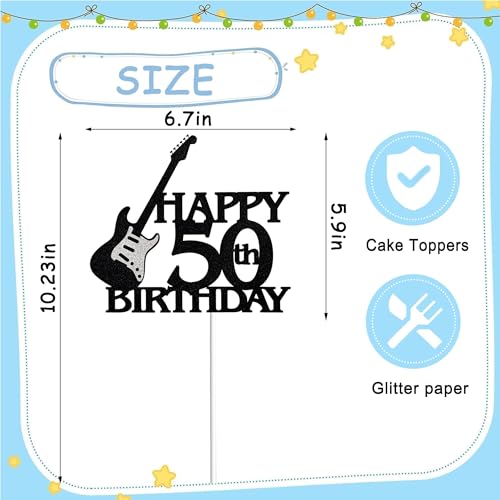 Guitar-Themed 50th Birthday Cake Topper - Black & Silver Glitter