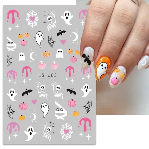 Halloween Nail Stickers 4 Sheets - Cute Ghost Skull Pumpkin 3D Self-Adhesive Decals for DIY Manicure