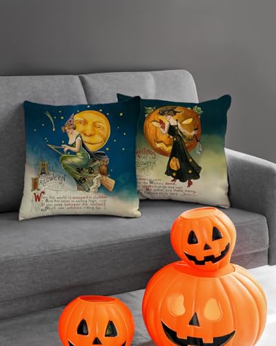 Vintage Halloween Throw Pillow Cover 18x18 Inch - Retro Witch & Moon Design