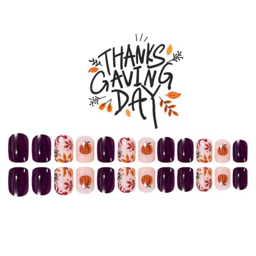 Fall Press On Nails Short Square Pumpkin Leaf Purple False Nails 24pcs