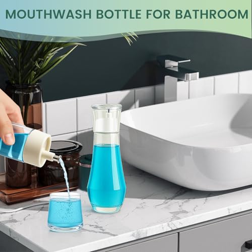 Tokusatsu Glass Mouthwash Dispenser with Cup Lid, 8.8 oz Bathroom Decanter