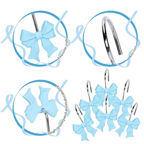Whaline 12 Pcs Blue Bow Shower Curtain Hooks - Cute Resin Rings