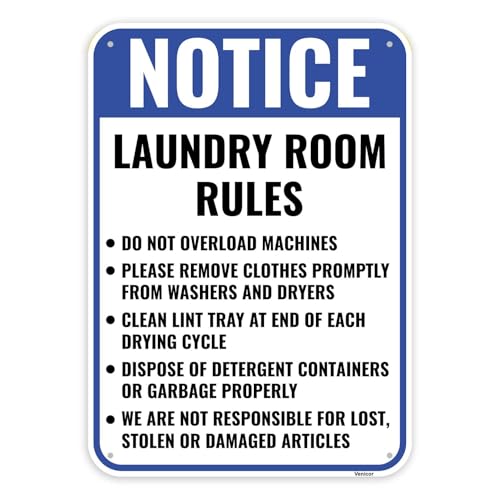Laundry Room Rules Sign - 14x10 Inch Durable Aluminum Laundromat Wall Decor