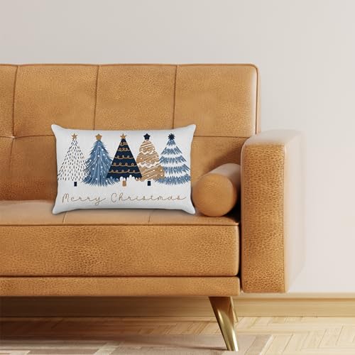 Christmas Tree Pillow Cover - Blue and Gold Holiday Decor for Living Room & Bedroom - 20x12 - Variation of this Listing