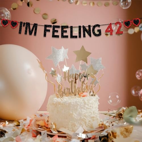 24th & 42nd Birthday Party Decorations - Black Red Glitter Banners