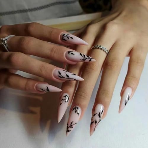 White Stiletto Press on Nails with Black Leaf Design Acrylic False Nails 24Pcs
